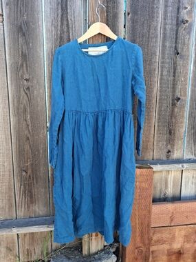 Not Perfect Linen Long Sleeve Greenish Blue Dress